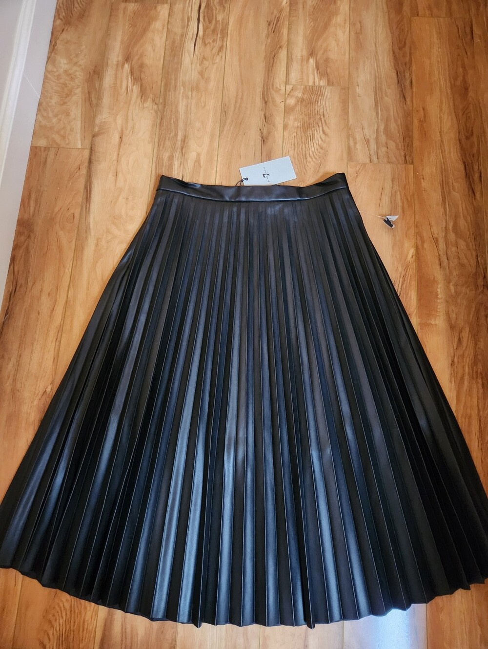 7 For All Mankind Black Pleated Leather Midi Skirt